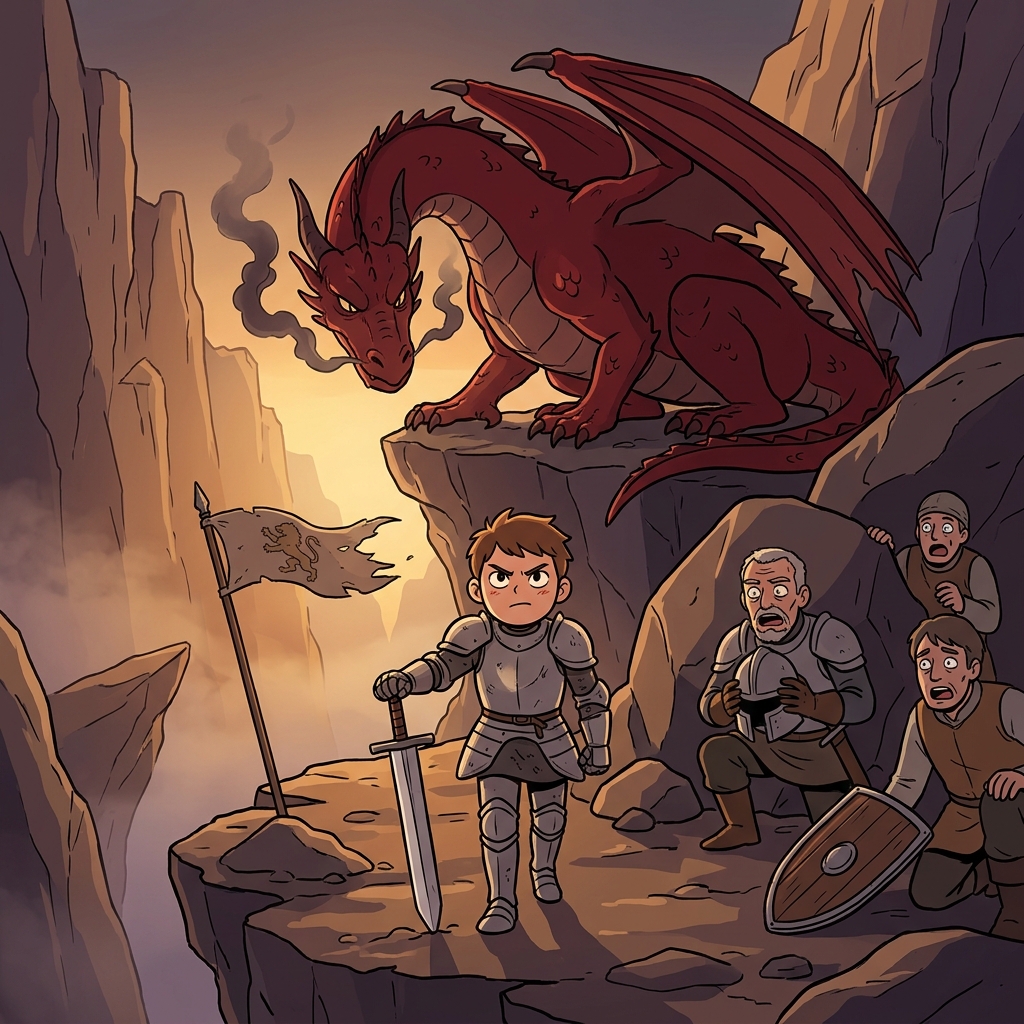 With pure boldness, the young knight stepped forward to challenge the dragon alone.