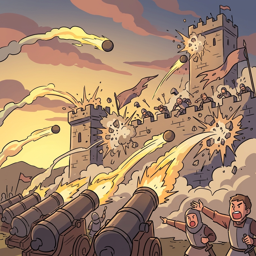 Medieval cannons bombard the castle walls as defenders scramble for cover.