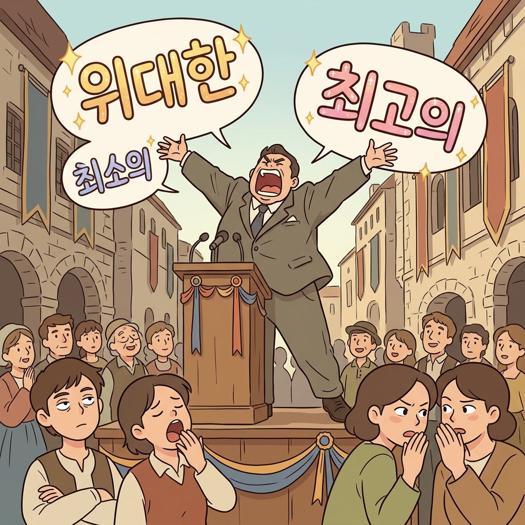 그 정치인의 연설은 거창한 말뿐이고 알맹이가 없었다.