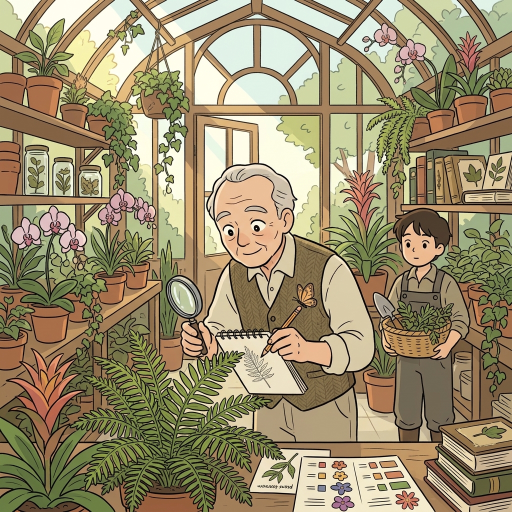 The professor studies botany by sketching every leaf and petal in the greenhouse.