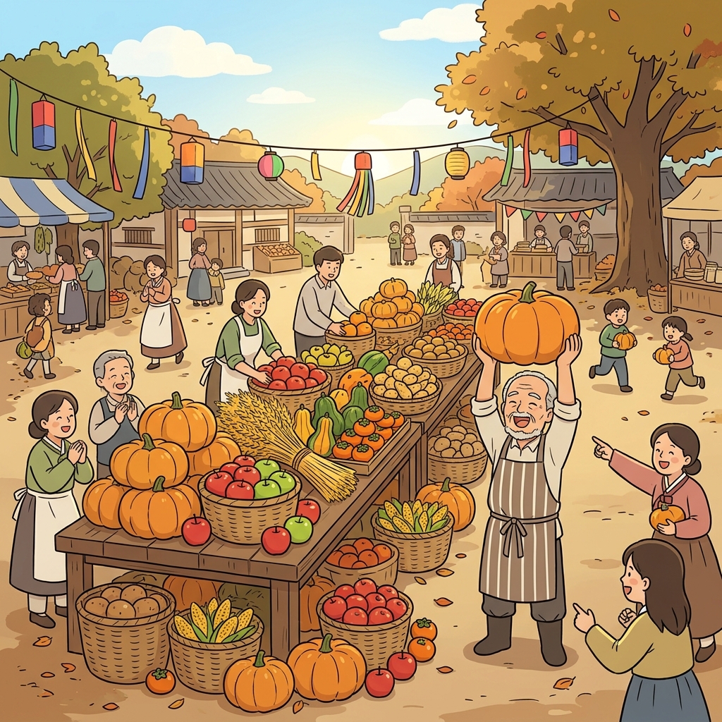 수확 축제에 풍성한 농작물이 가득 쌓였다.