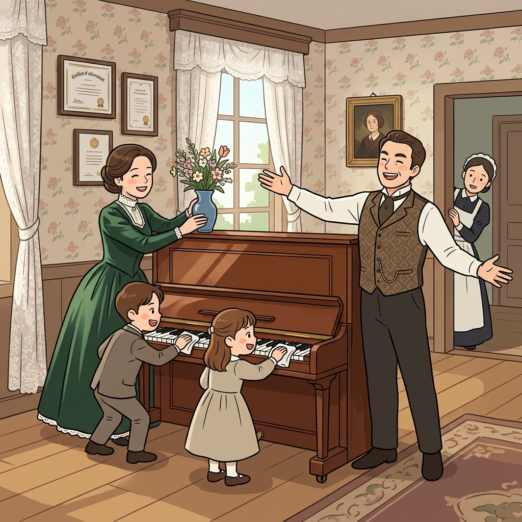 The bourgeois family shows off their new piano in the parlor.