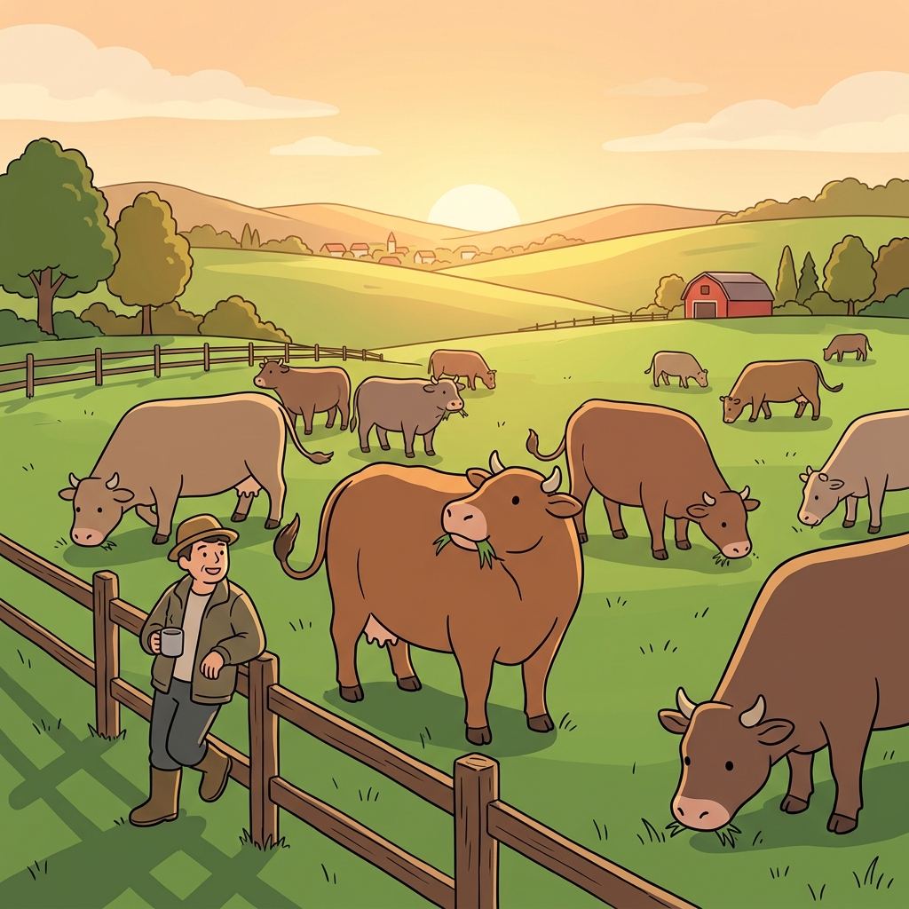 The farmer watches his bovine herd graze slowly across the green pasture at sunrise.