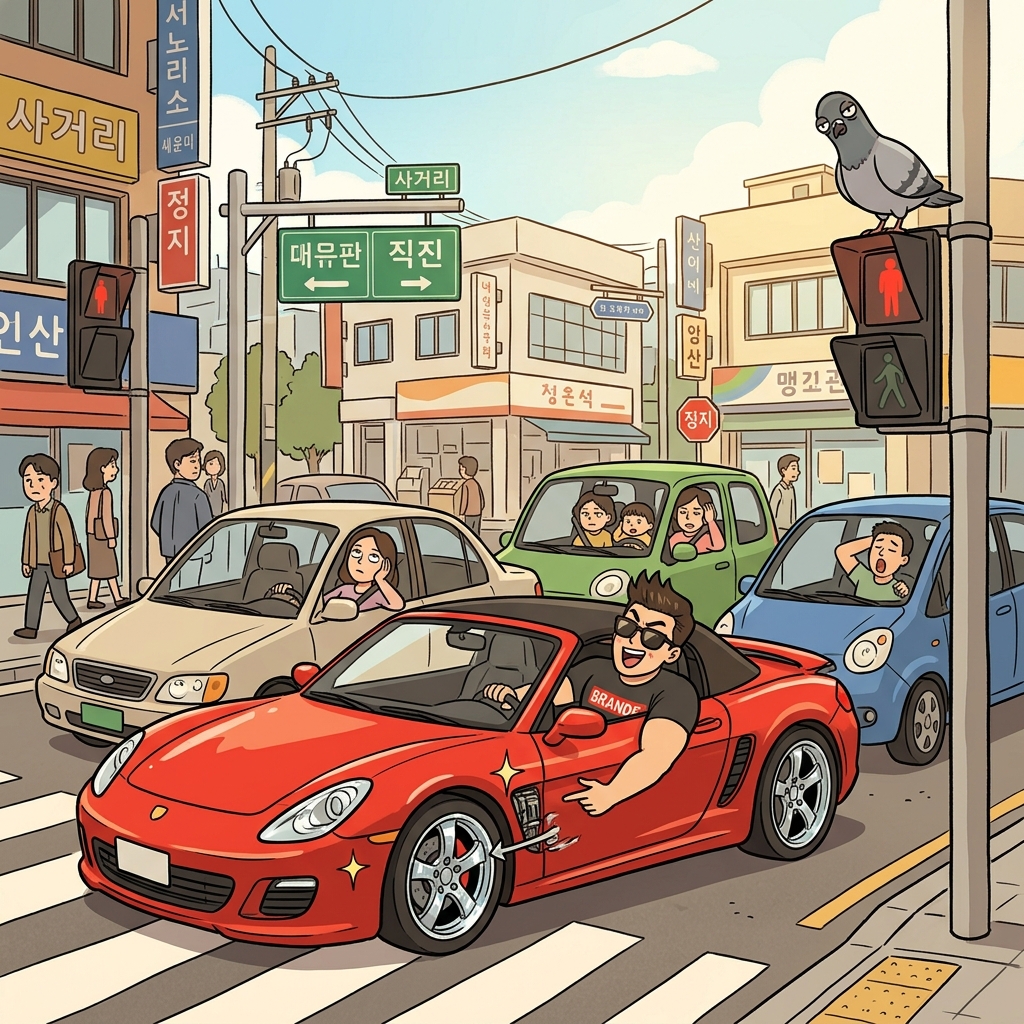 그는 신호마다 새 스포츠카 자랑을 멈추질 않는다.