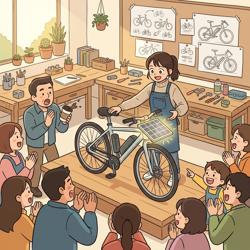 젊은 발명가가 자신의 아이디어로 만든 태양광 자전거를 자랑스럽게 선보였다.