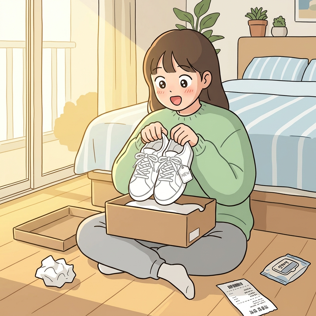 박스에서 새로 산 운동화를 꺼내는데 종이 포장이 바삭바삭하다.