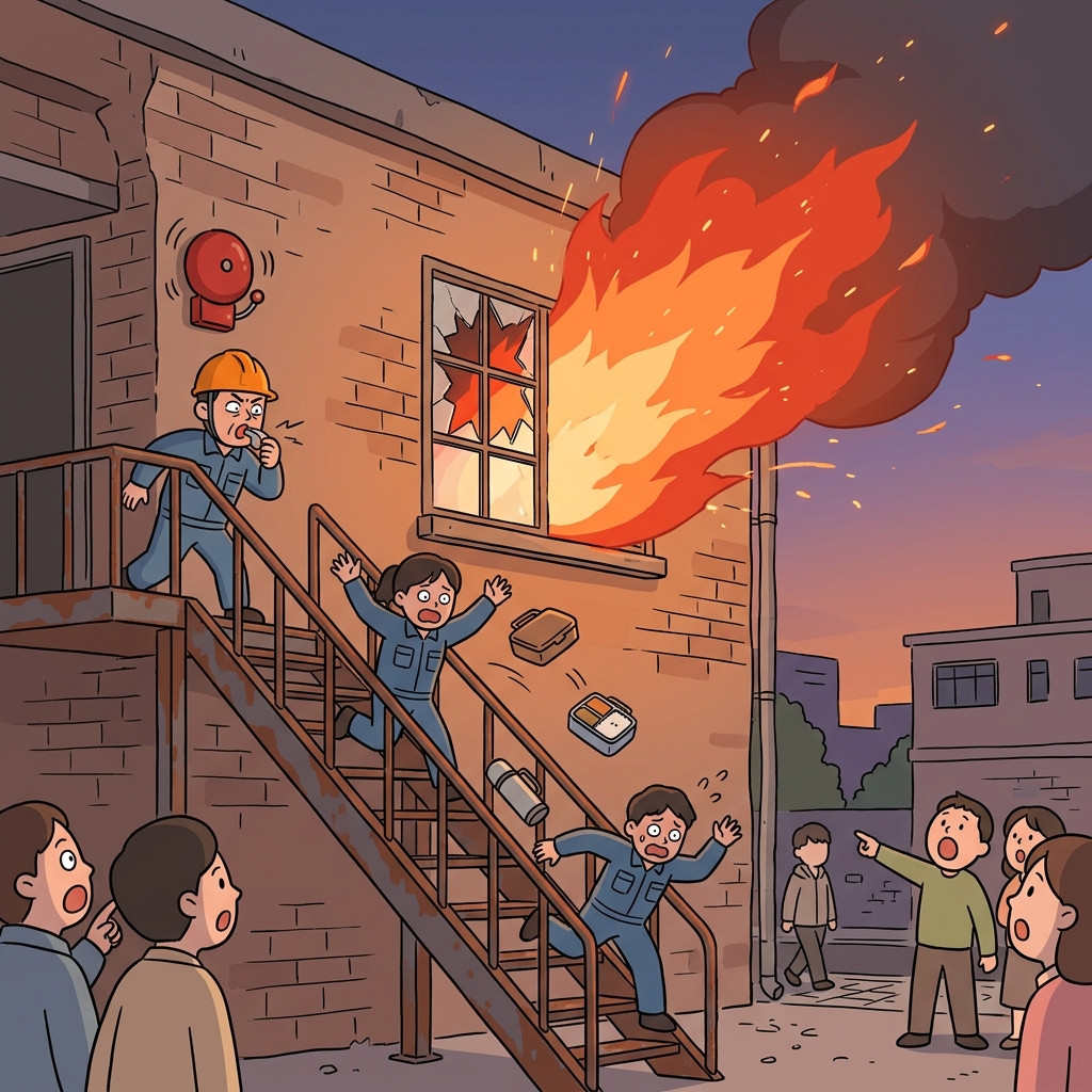 Flames suddenly break out in the old factory as workers scramble to escape.