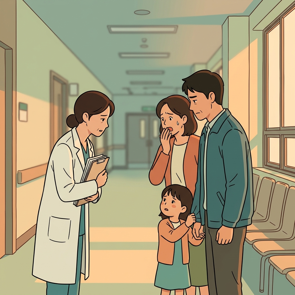 의사가 복도에서 가족에게 조심스럽게 소식을 전한다.