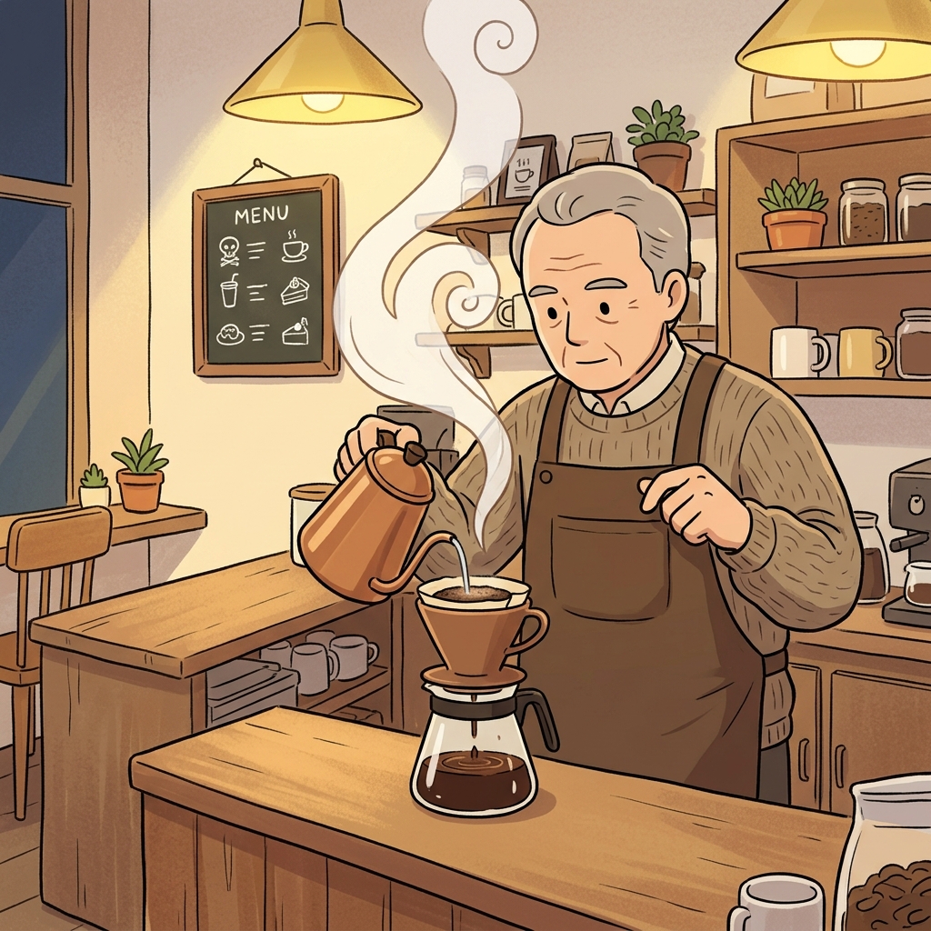 The old barista carefully brews a fresh pot of coffee at dawn.