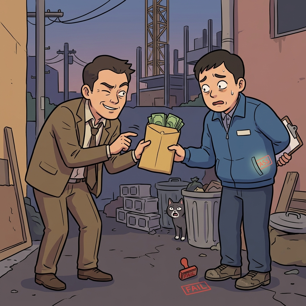 수상한 업자가 검사관에게 두툼한 돈봉투를 슬쩍 건넸다.