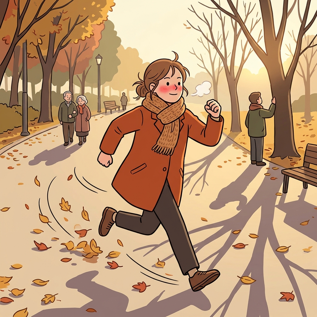 She takes a brisk walk through the autumn park before work.