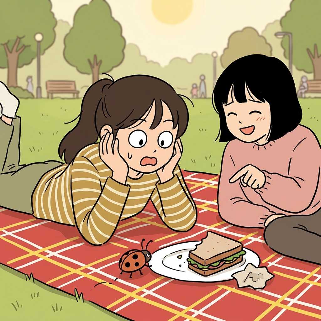 소풍 담요 위로 작은 벌레가 샌드위치 쪽으로 기어간다.