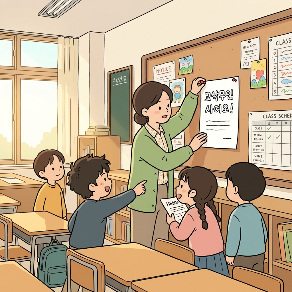 선생님이 아침 공지문을 게시판에 붙이고 있다.