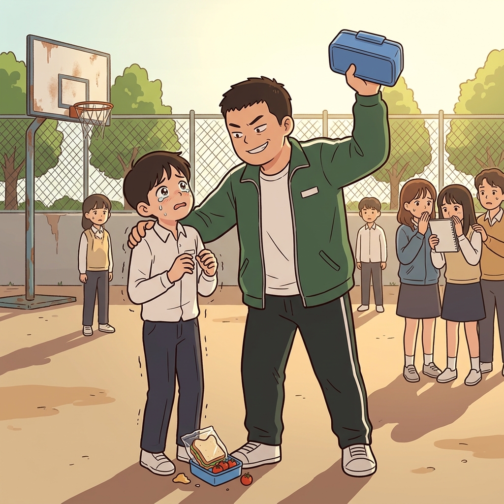 The bully snatches a smaller kid's lunch in the schoolyard.
