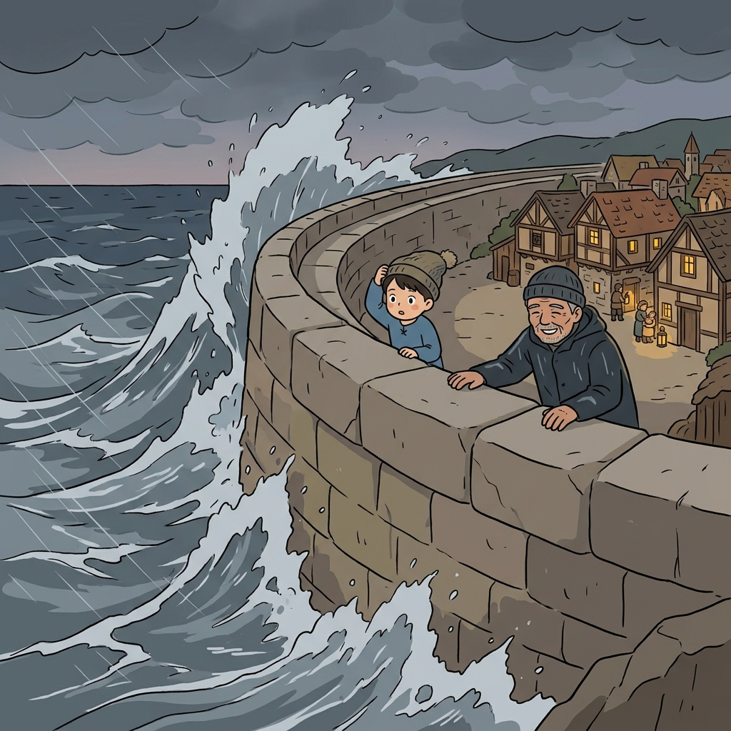 The massive stone bulwark shielded the village from crashing waves during the storm.
