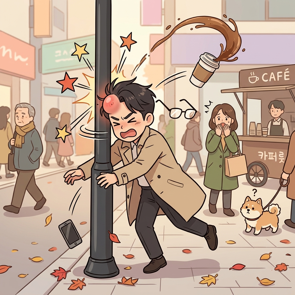 전봇대를 못 보고 쾅 부딪혔다. 커피가 사방으로 튀었다.