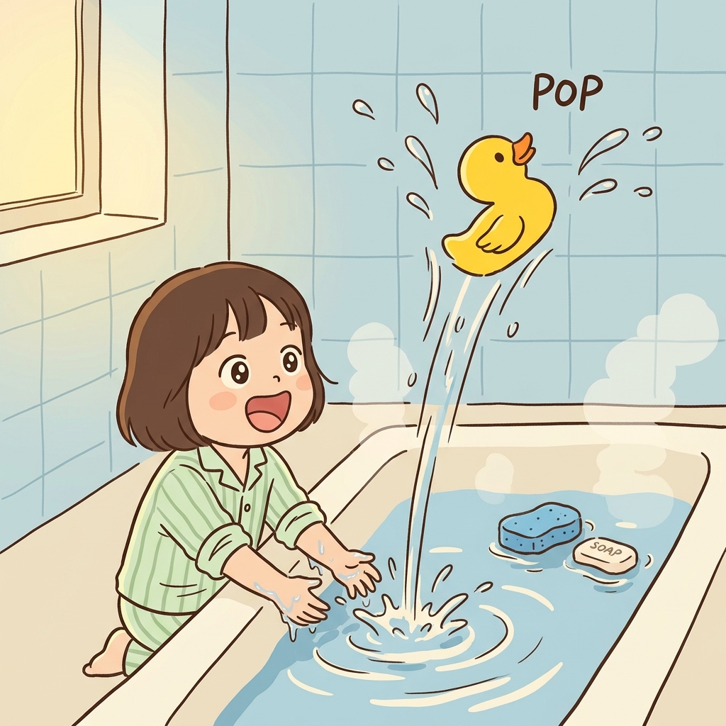 The rubber duck pops up instantly, proving the buoyancy of the bathtub water.