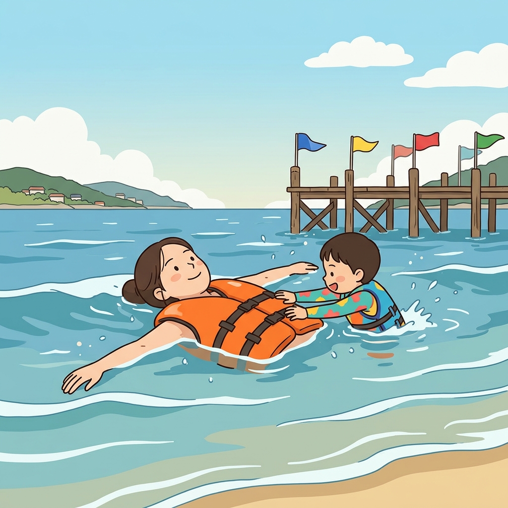 The buoyant life vest keeps the swimmer floating easily on the waves.