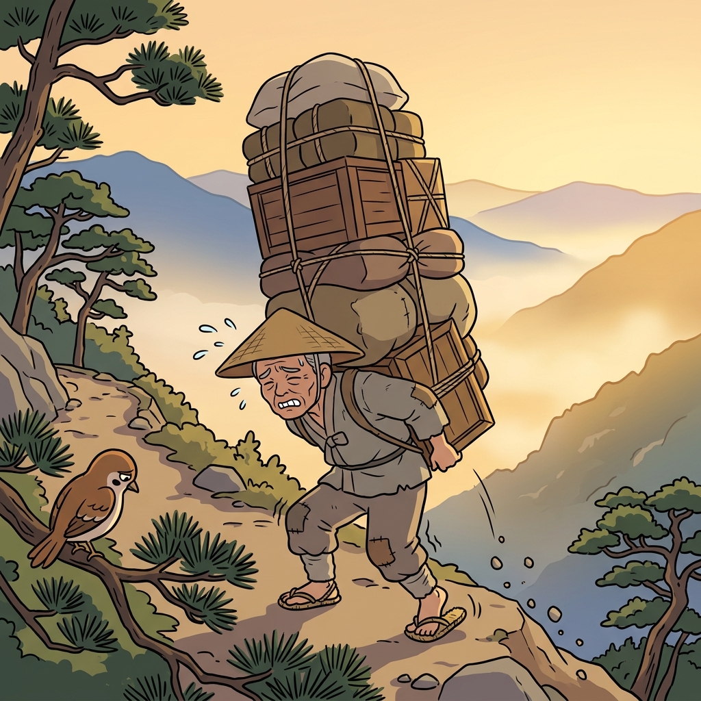 The old porter carries a heavy burden of sacks up the steep mountain path.