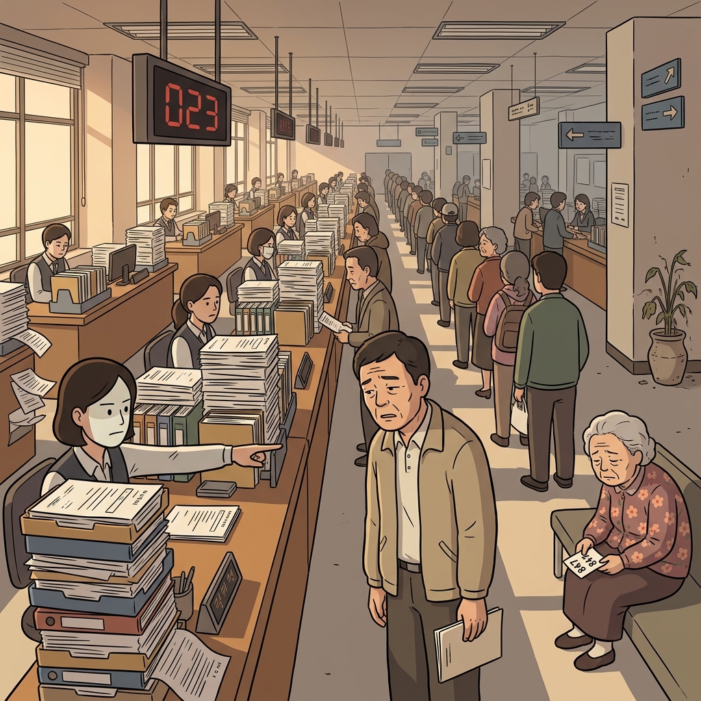 Citizens drown in endless paperwork at the bureaucracy office, getting stamps from twelve different clerks.