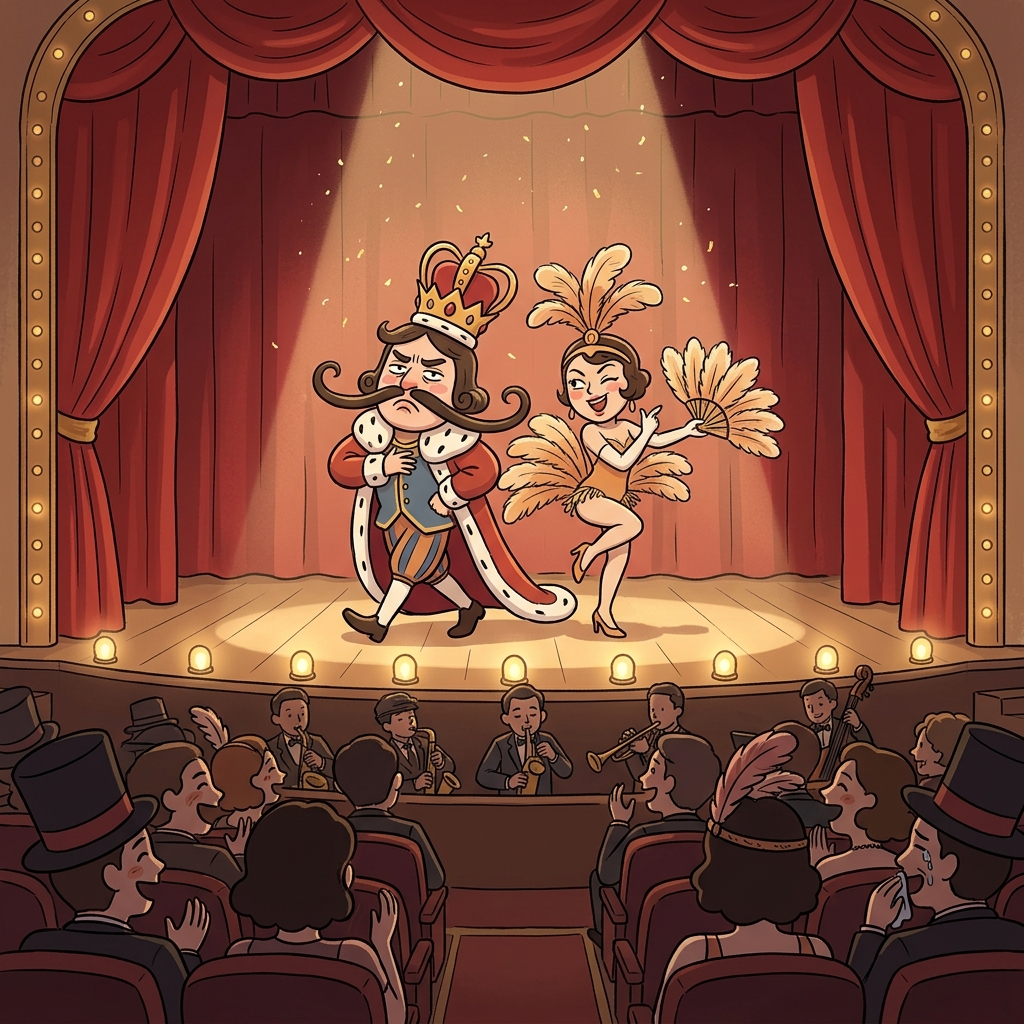The burlesque show mocked the king with feathered fans and dramatic winks.