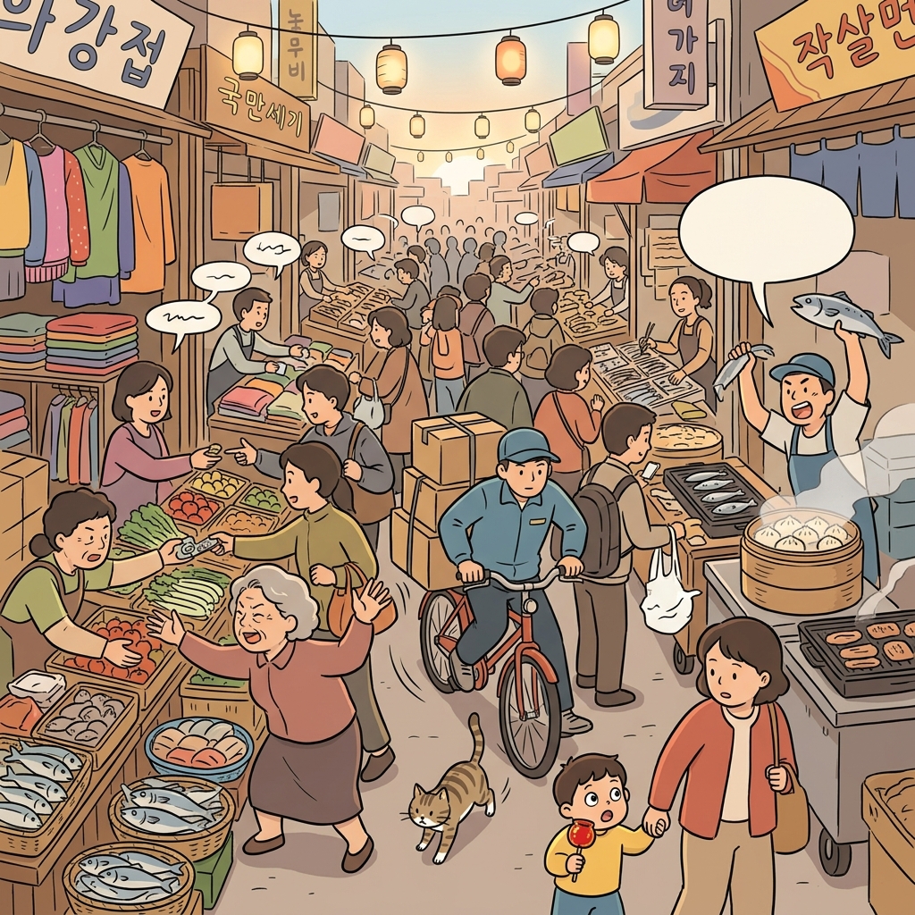 The morning market is bustling with vendors shouting and shoppers squeezing through narrow aisles.