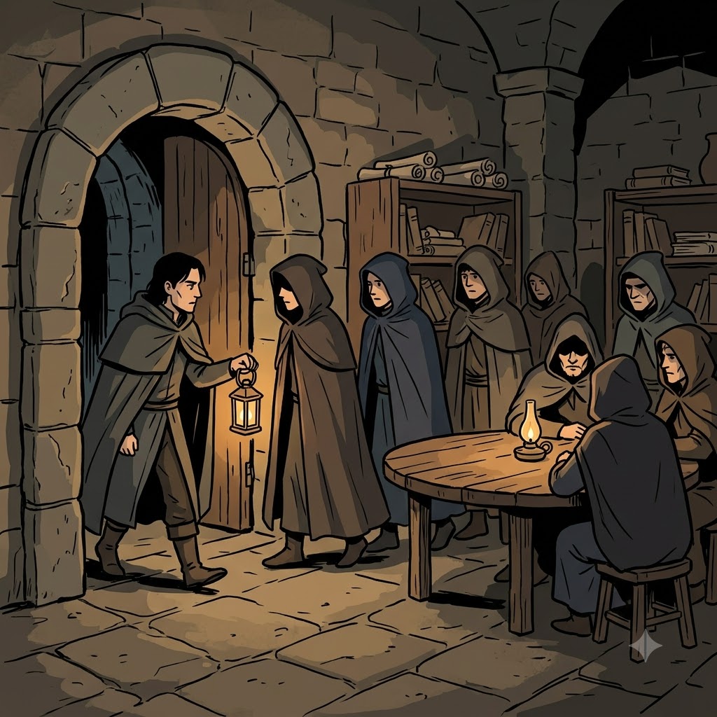 "컴 올!(Come, all!)" 리더가 속삭이자 비밀 결사(cabal)의 모든 구성원이 숨겨진 방으로 모여들었다. (cabal → "Come, all!" → "모두 모여!")