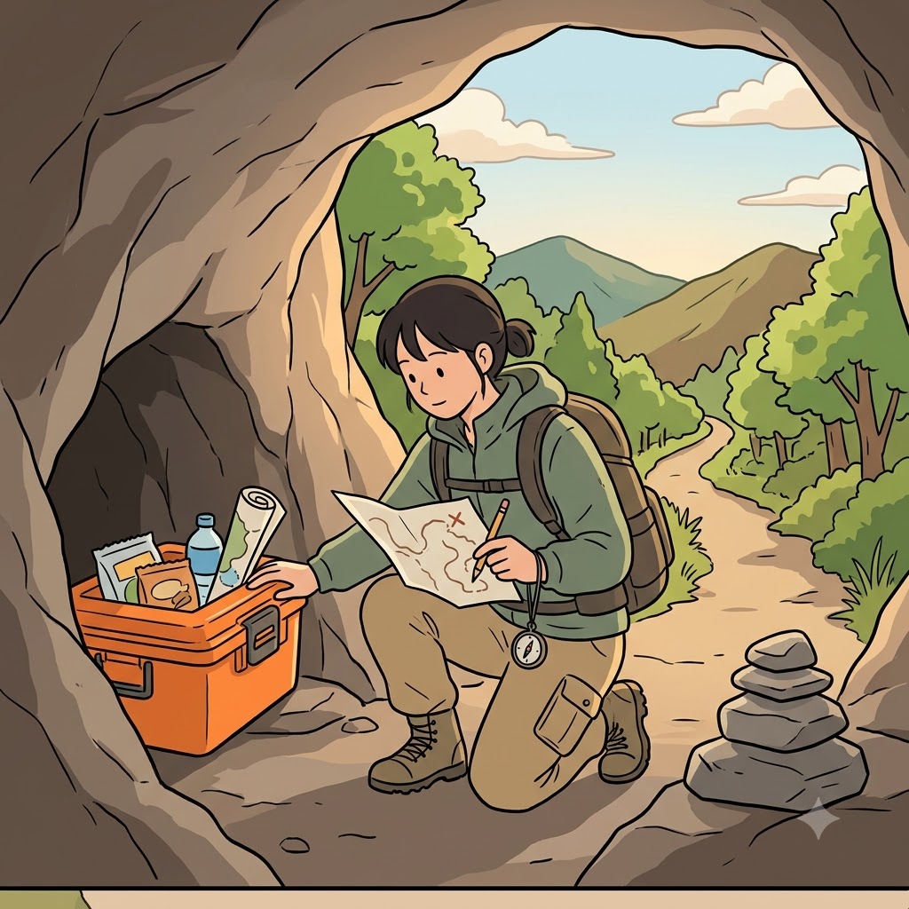 The explorer hid food in a mountain cache before continuing the journey. (cache → Hide it. Find it later.)