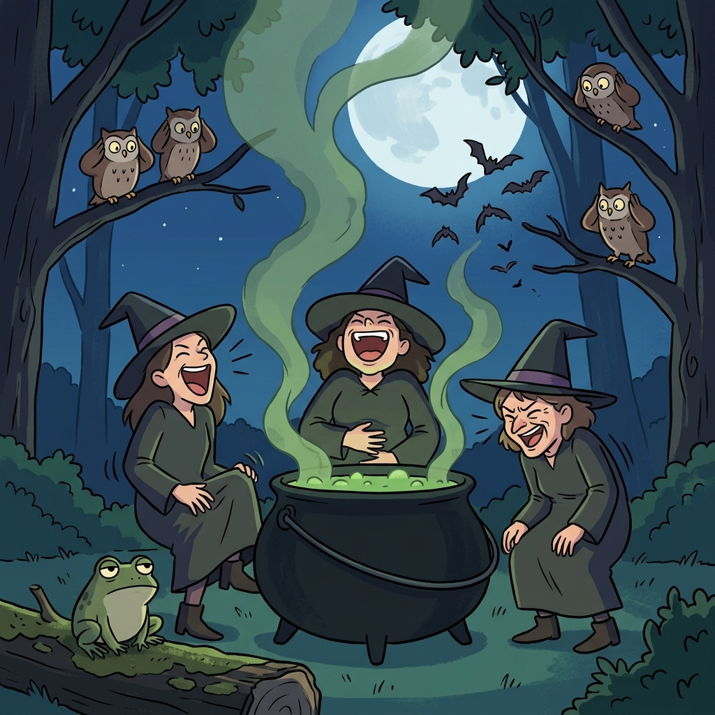 마녀들이 가마솥 앞에서 깔깔대며 웃고 있다.
