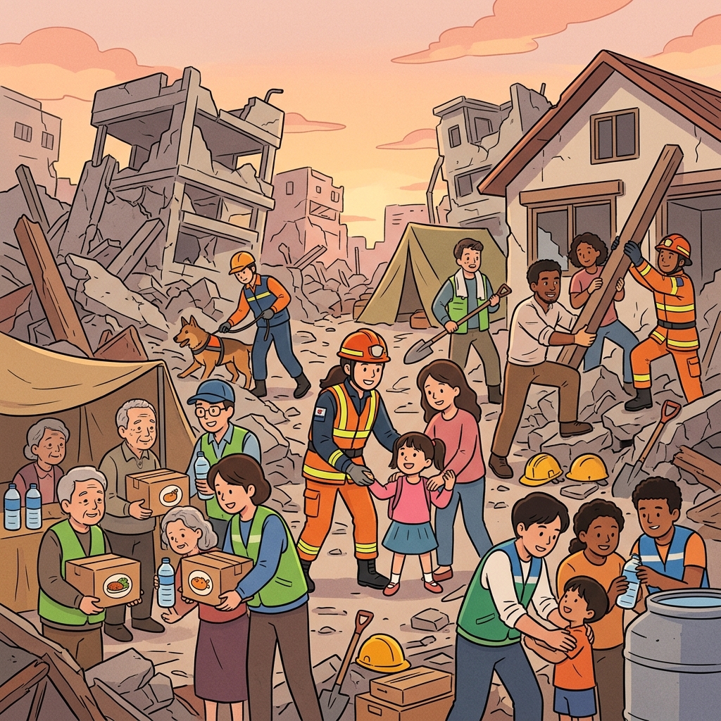 "Call Amity!" the rescue leader shouted as the community united after the calamity. (Everyone comes together in friendship (amity) to overcome the calamity.)