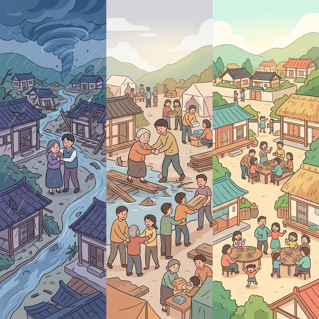 The calamity brought humanity together in unity to rebuild the town.