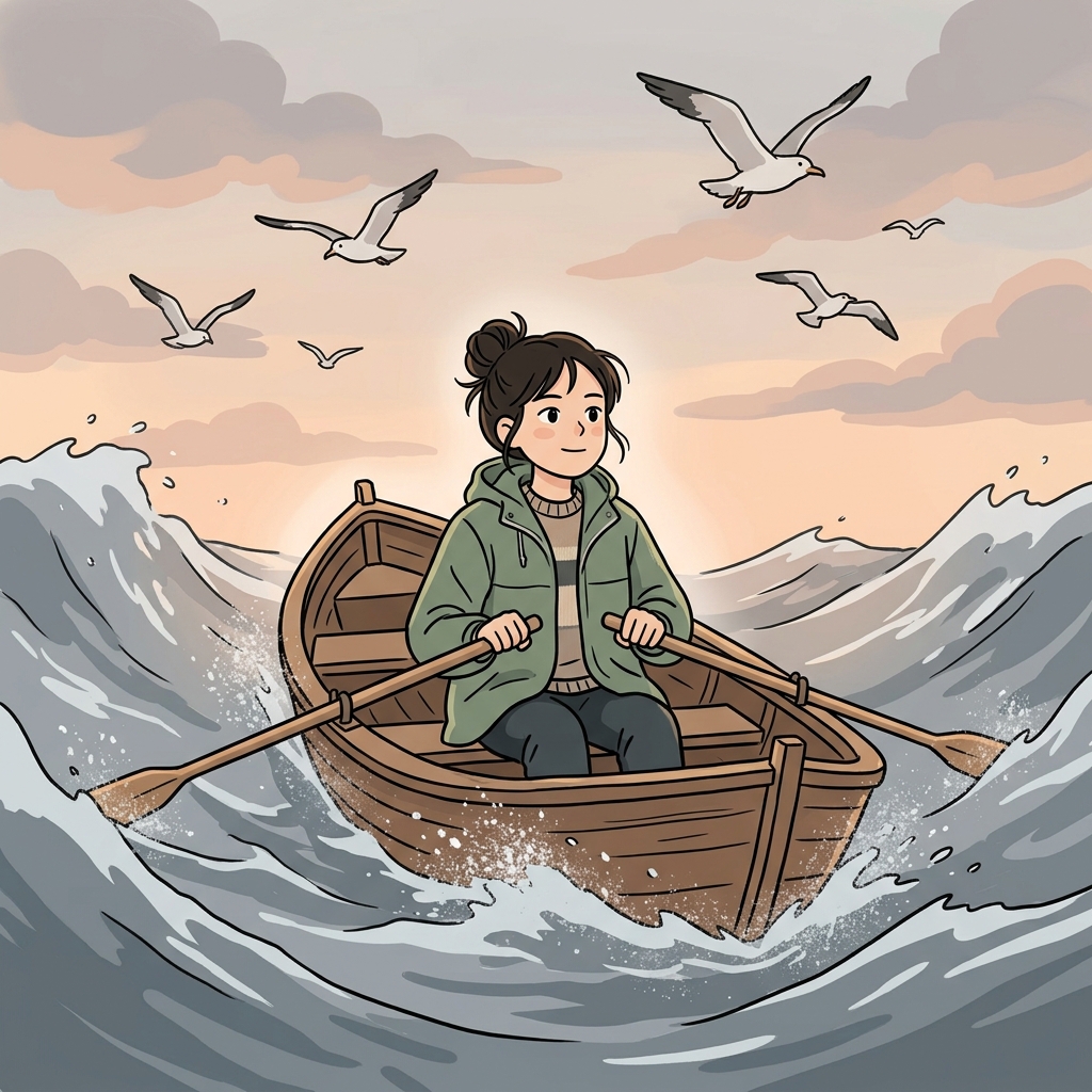 She stays calm as waves crash around her small fishing boat.