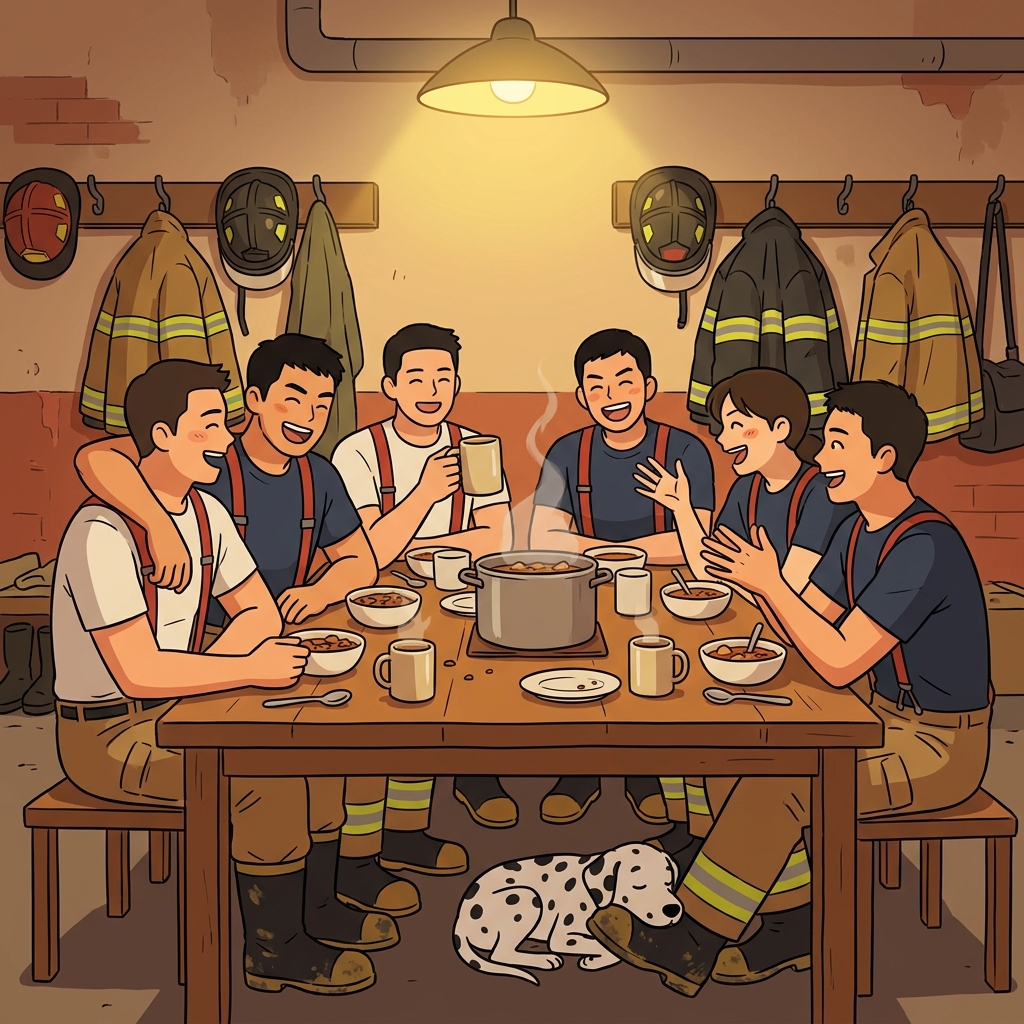 The firefighters share warm camaraderie around the station table after a long shift.
