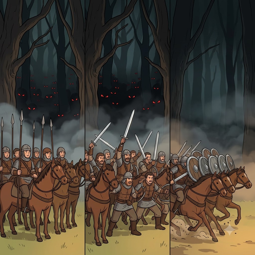 Charging into the dark forest, the cavalry showed massive bravery through their unbreakable camaraderie.