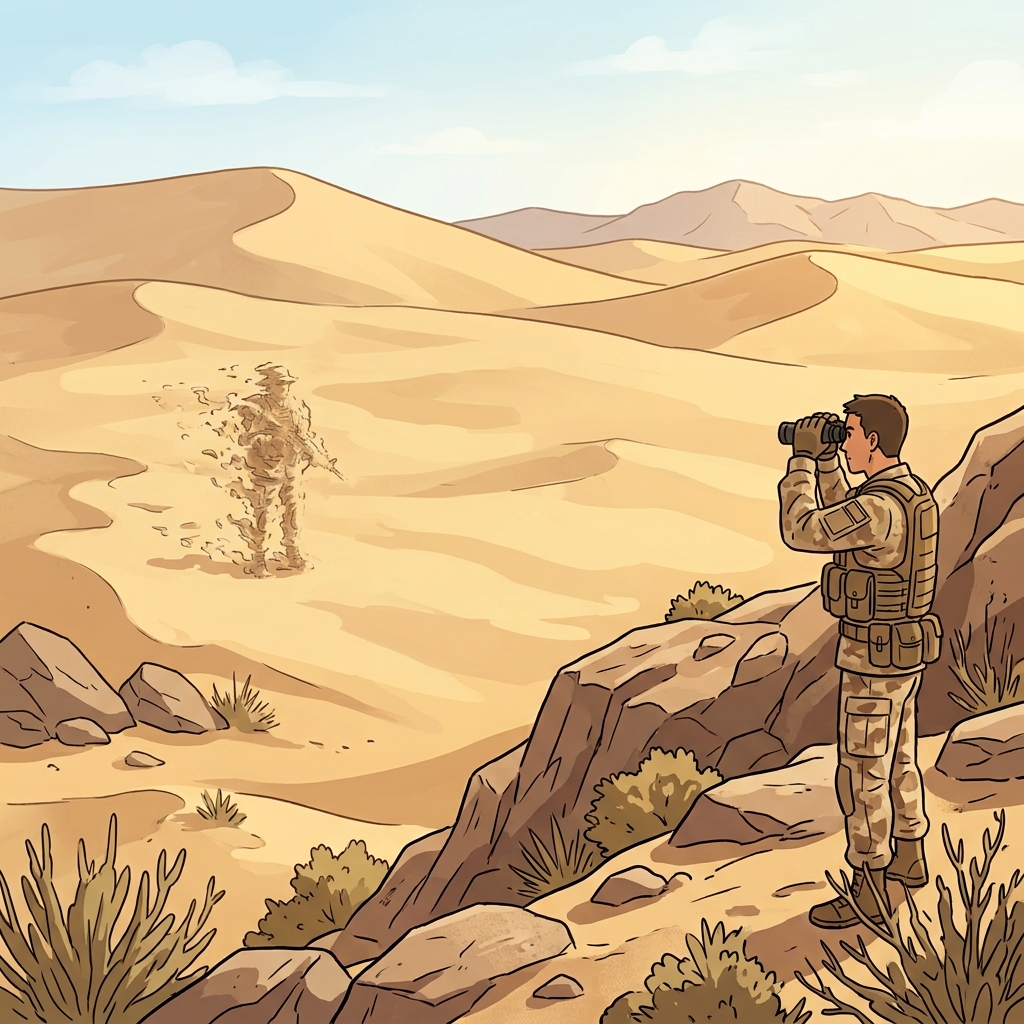 병사는 "컴, 어 미라지!(Come, a mirage!)"라고 속삭였고, 위장(camouflage) 덕분에 사막 속 신기루처럼 모습을 감췄다. ("Come, a mirage!" → 신기루(mirage)처럼 눈앞에서 사라진다. → 배경에 녹아 보이지 않는 것)