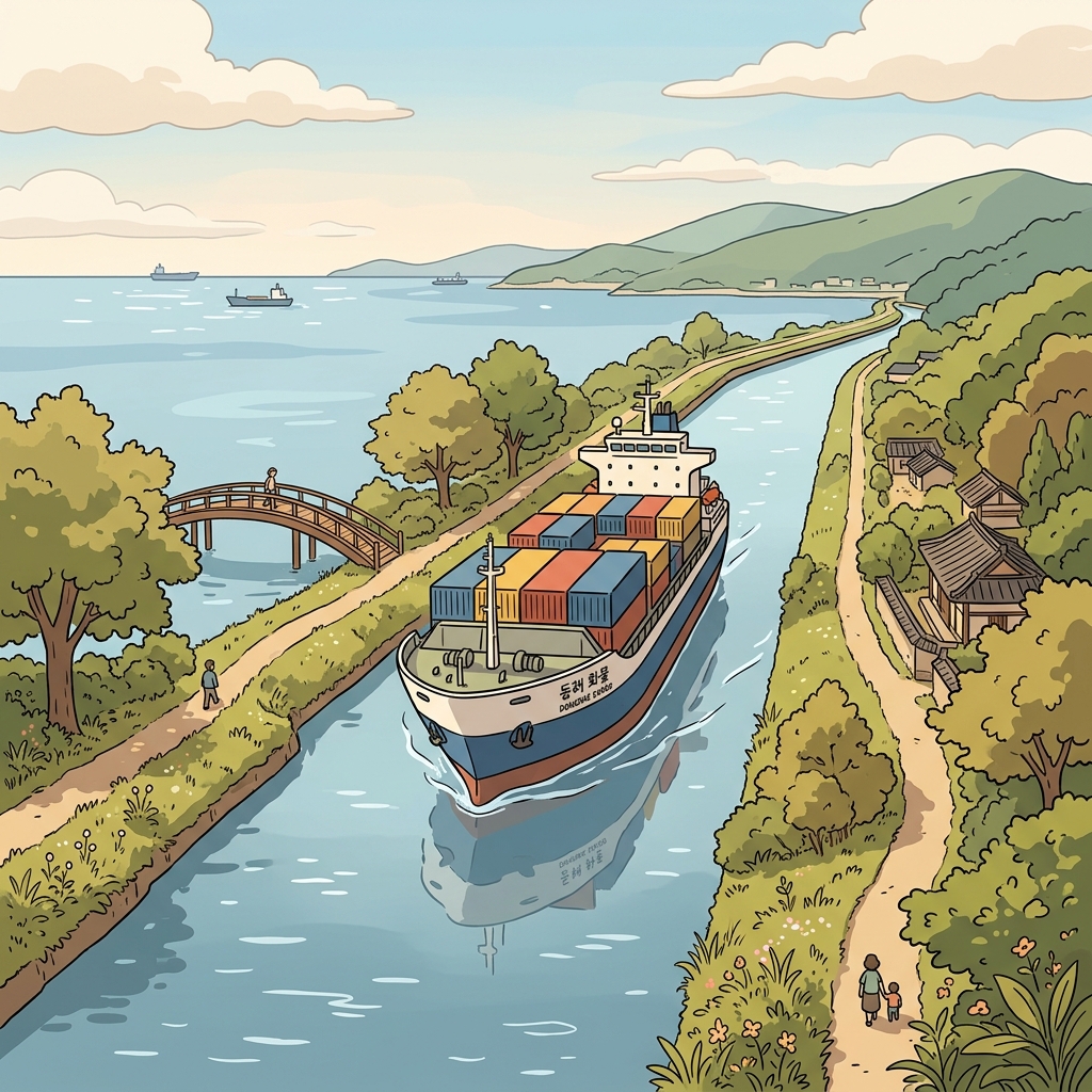 The cargo ship traveled through the canal to reach the sea.