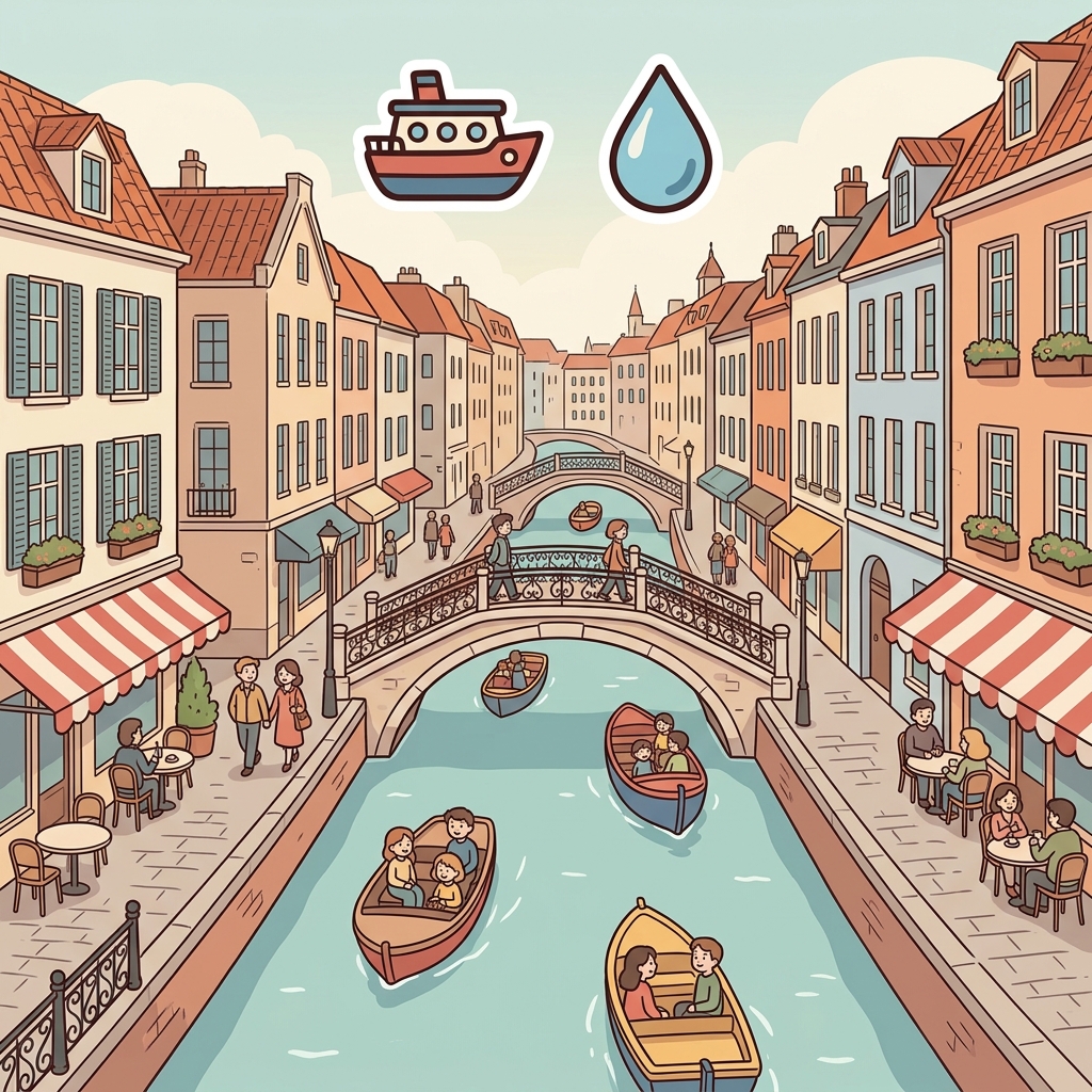 The canal carried boats through the city. (🚢 Boat + 💧 Waterway → Canal)