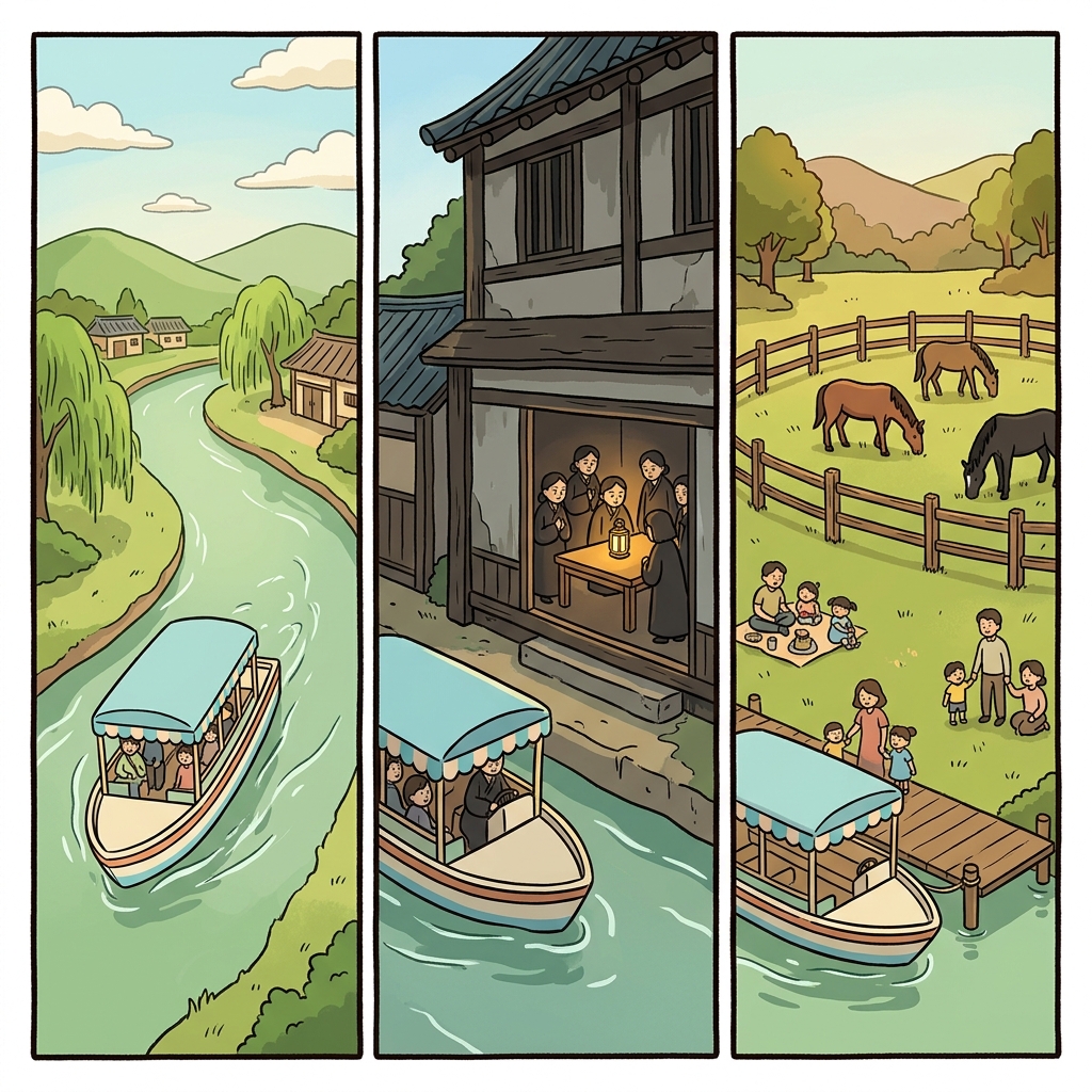The boat left the canal, passed a secret cabal's meeting place, and stopped beside a corral.