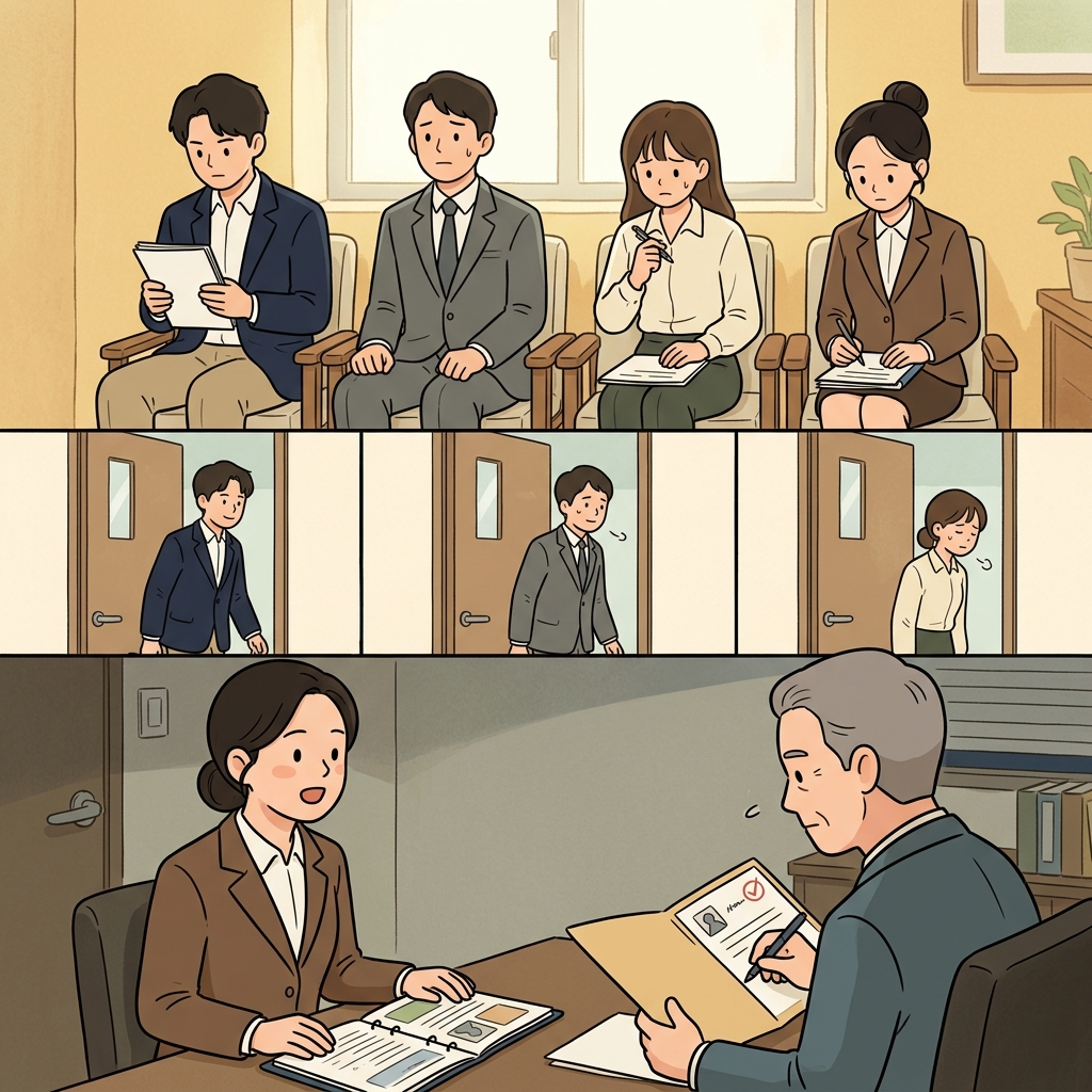 후보자들은 초조하게 기다리다가 한 명씩 면접실에 들어갔다.