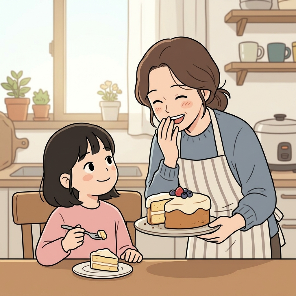 **케이크를 맛본 뒤 보여준 아이의 **솔직함(candor)에 엄마는 미소 지었다. (캔디처럼 듣기 좋은 말만 하지 않는다.)