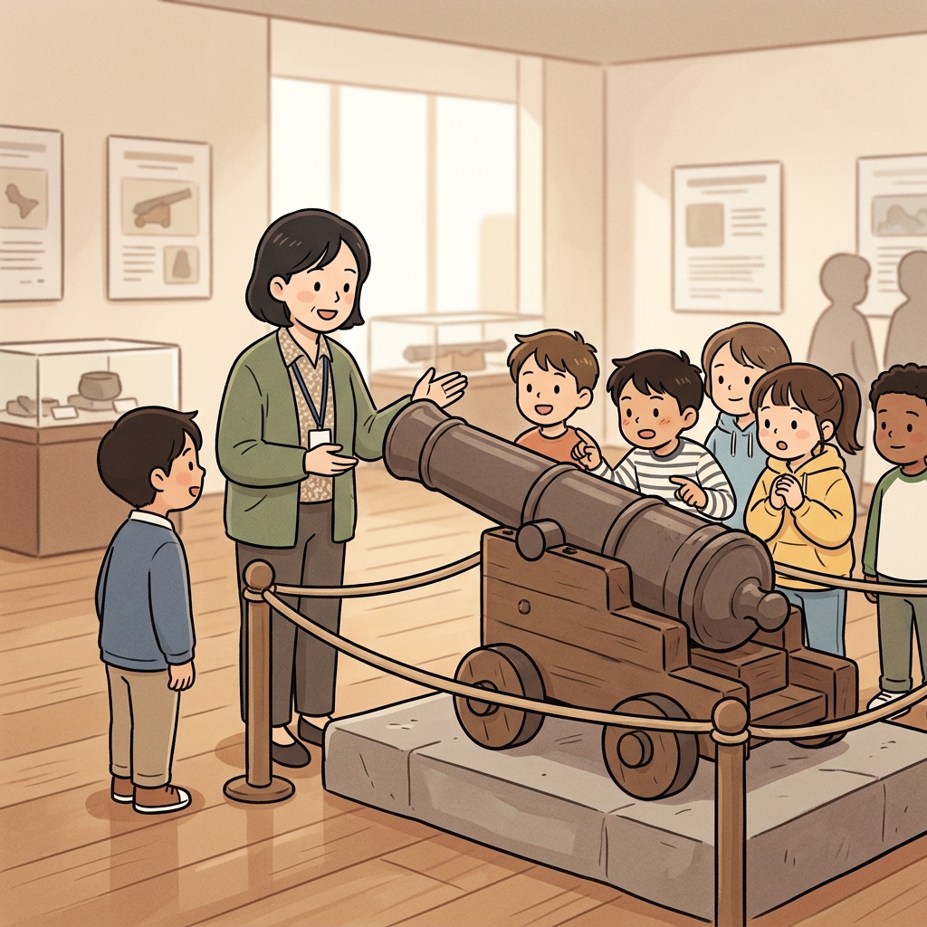 아이들은 역사 박물관에서 대포에 대해 배웠다. (CAN? NO! USE A CANNON! → A large gun that fires powerful shots.)