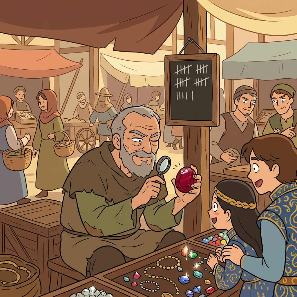 The canny old merchant spots the fake gem instantly while others gasp at its sparkle.