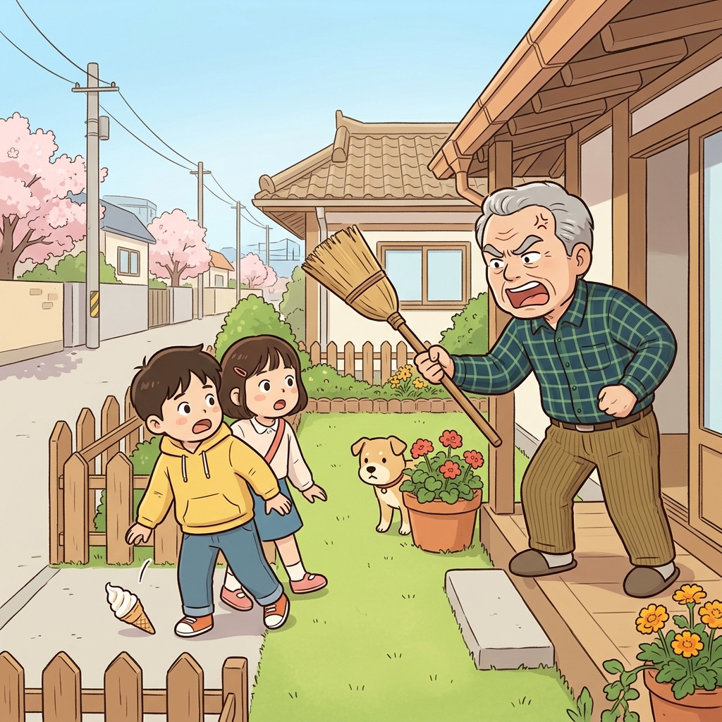The cantankerous old neighbor yells at kids for stepping near his lawn.