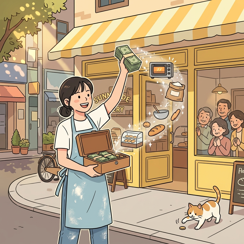 She invested her savings as capital to launch a small bakery downtown.