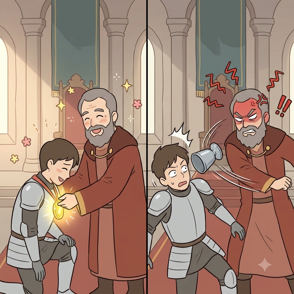 The capricious king gave the knight a gold medal, but a second later, angrily threw a heavy cup at him.