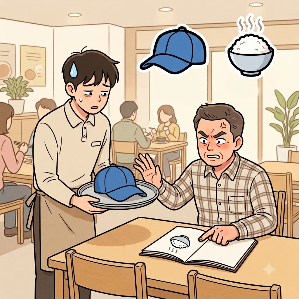 CAP(hat) + RICE(rice) — the customer ordered a blue CAP, but suddenly changed his mind to RICE, showing his capricious nature.