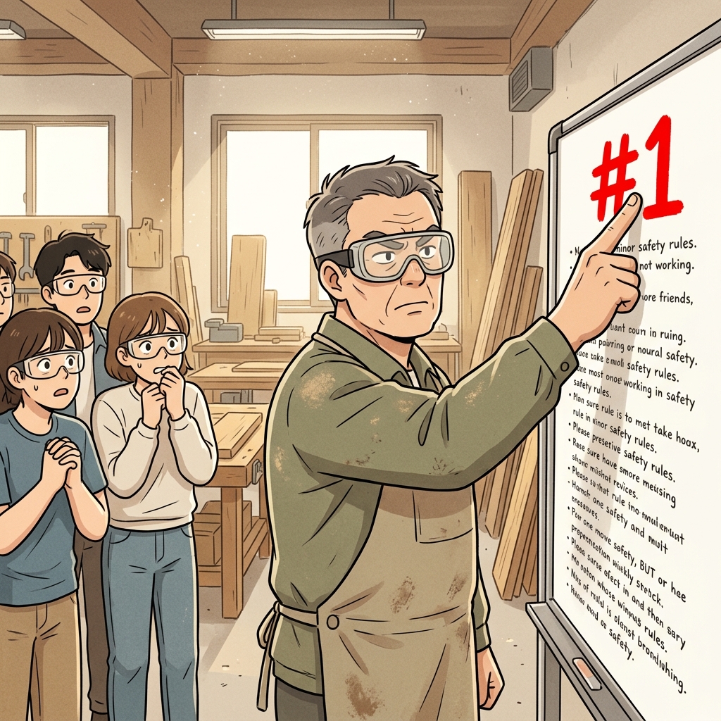 The strict instructor aggressively pointed at the cardinal rule of the workshop: always wear safety goggles.