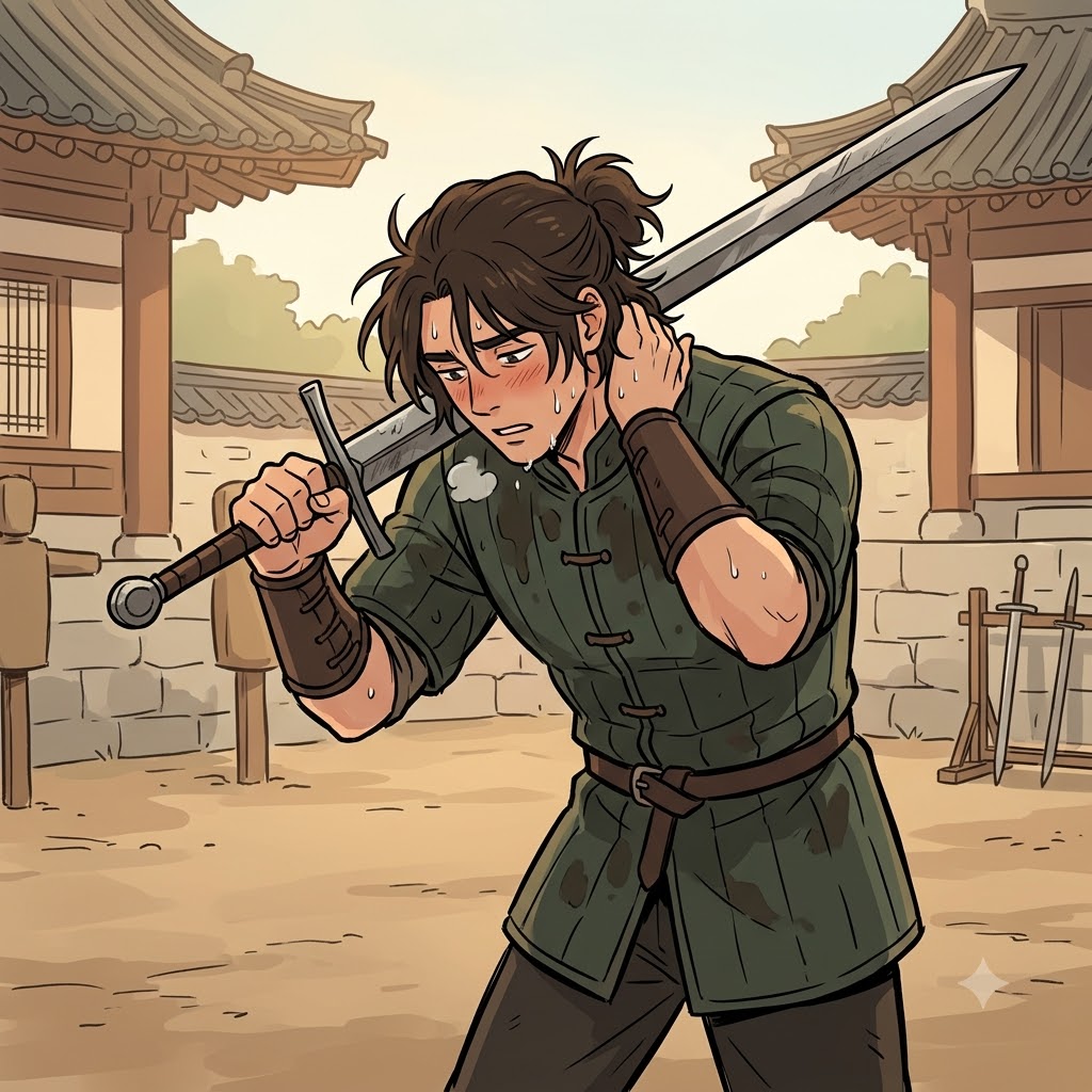 "칼날!" 전사는 온종일 훈련한 뒤 뻐근한 온몸에서 육체성(carnality)을 느꼈다. ("칼 날!" → 칼을 휘두르며 온몸의 근육이 지친다.)