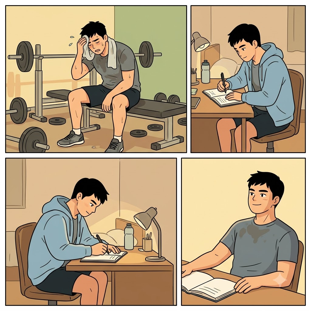 육체성(carnality)을 느낄 만큼 훈련한 뒤, 그는 일기장(journal)에 기록하며 자신의 성격(personality)을 돌아보았다.