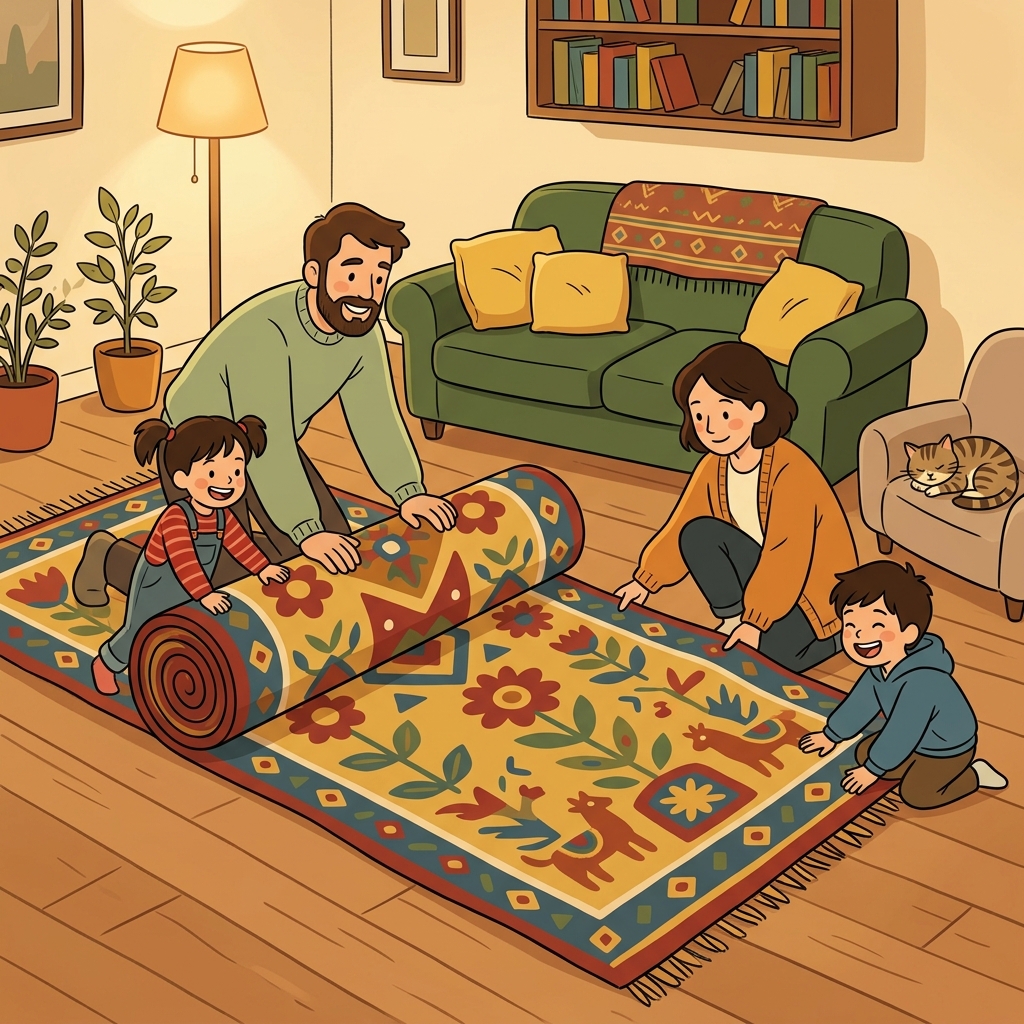 The family rolled out a large carpet to make the living room warm and comfortable.